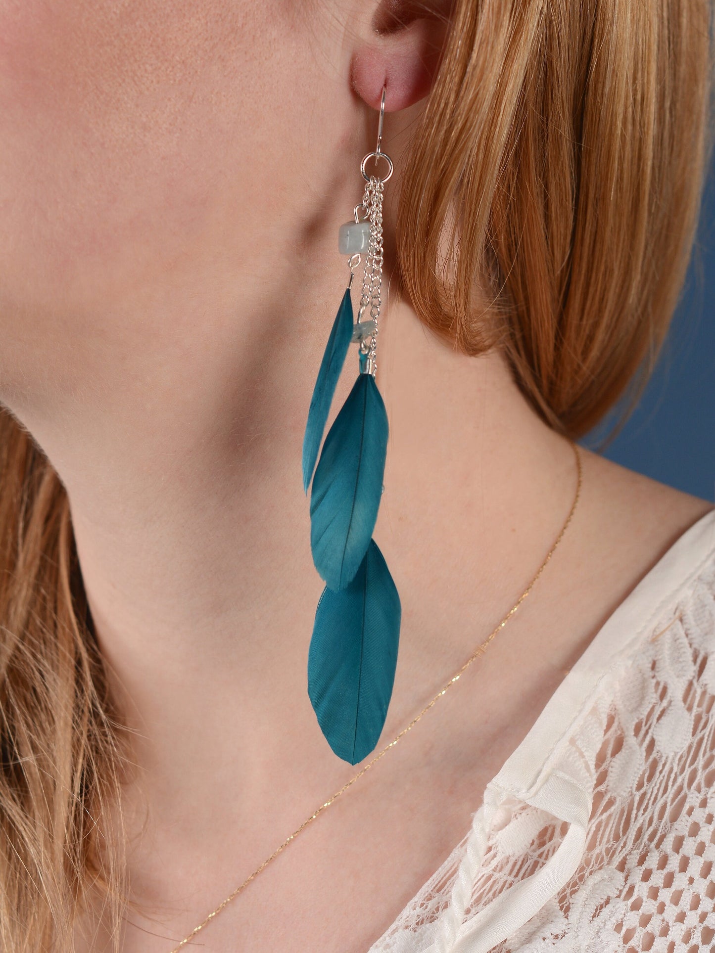 Long Teal Turquoise Drop Feather Earrings with Aquamarine Stone Chip Beads