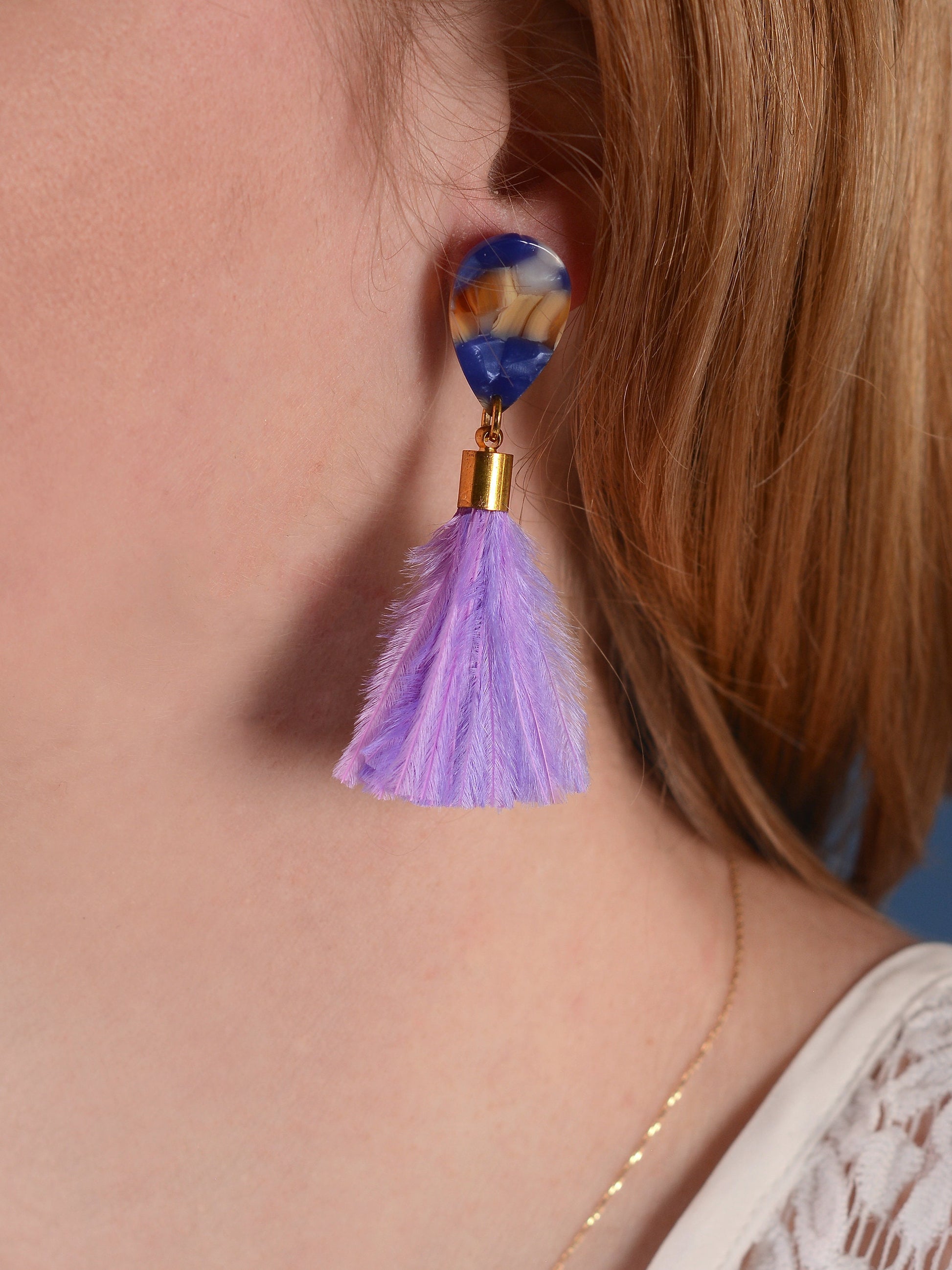 Statement Acetate Teardrop and Ostrich Feather Lilac Tassel Earrings