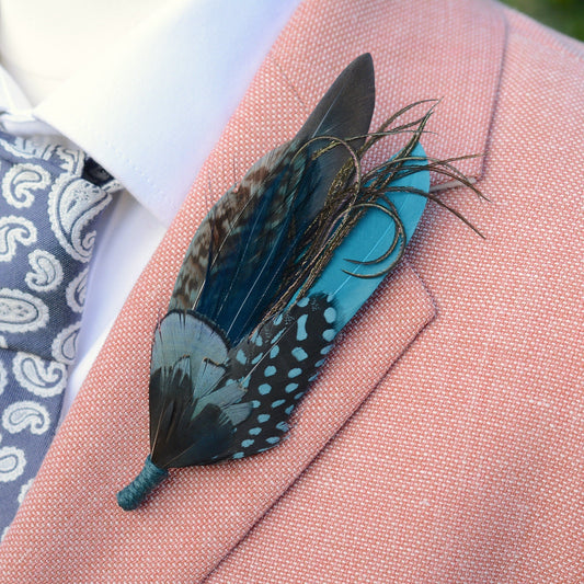 Green, Teal and Turquoise Feather Pin No.299 | Unique Duck Feather Boutonniere / Hat Pin