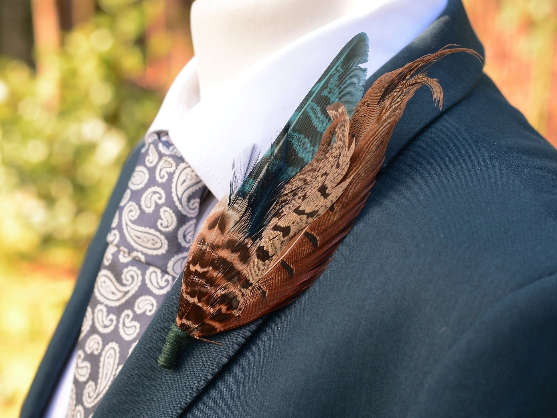 Feather Brooch Hat Pin in Natural Pheasant and Green No.302 | Unique Pheasant Feather Boutonniere