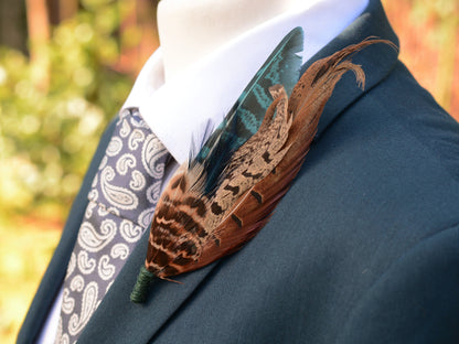 Feather Brooch Hat Pin in Natural Pheasant and Green No.302 | Unique Pheasant Feather Boutonniere