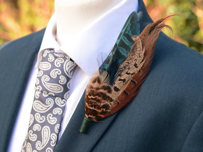 Feather Brooch Hat Pin in Natural Pheasant and Green No.302 | Unique Pheasant Feather Boutonniere