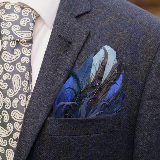 Shades of Blue Goose and Pheasant Feather Pocket Square No.177 | Suit Accessory | Feather Neck Tie | Grooms Outfit | Groomsmen Gift