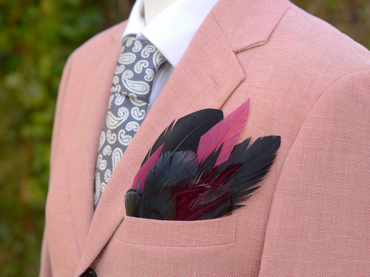 Deep Black, Navy and Burgundy Feather Pocket Square No.169 | Suit Accessory | Feather Neck Tie | Grooms Outfit | Groomsmen Gift
