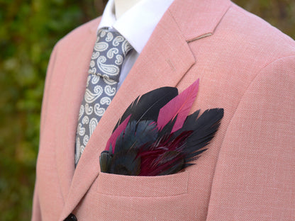 Deep Black, Navy and Burgundy Feather Pocket Square No.169 | Suit Accessory | Feather Neck Tie | Grooms Outfit | Groomsmen Gift