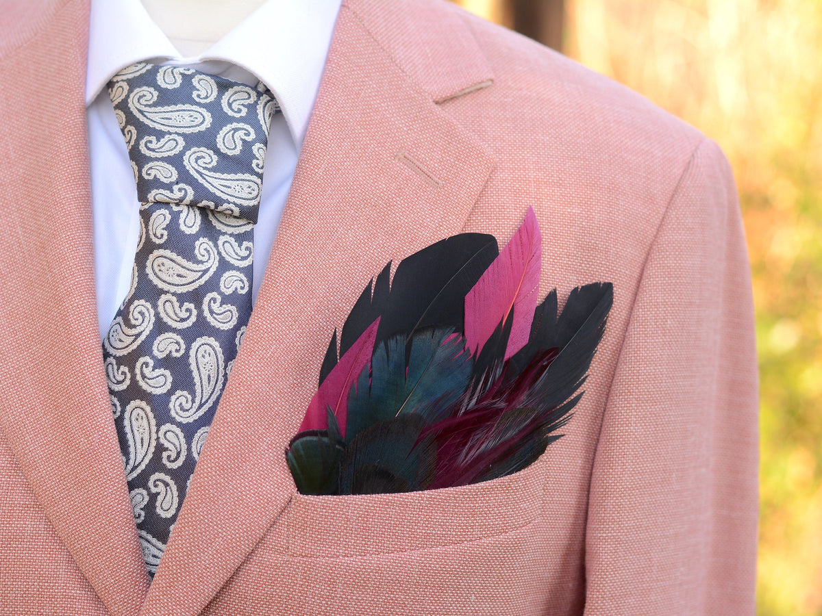 Deep Black, Navy and Burgundy Feather Pocket Square No.169 | Suit Accessory | Feather Neck Tie | Grooms Outfit | Groomsmen Gift
