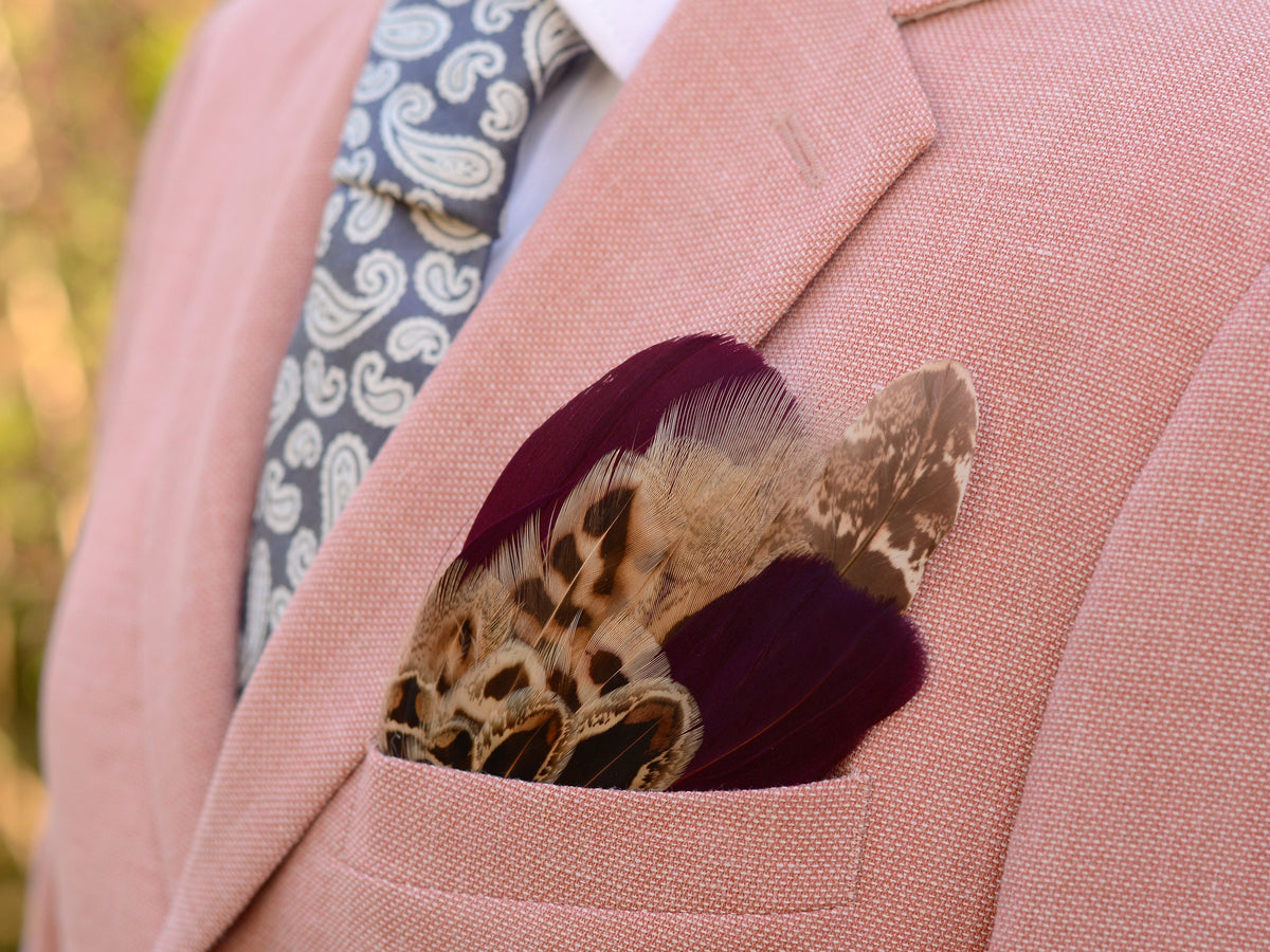 Burgundy and Blonde Pheasant Feather Pocket Square No.196 | Suit Accessory | Feather Neck Tie | Grooms Outfit | Groomsmen Gift | Wedding