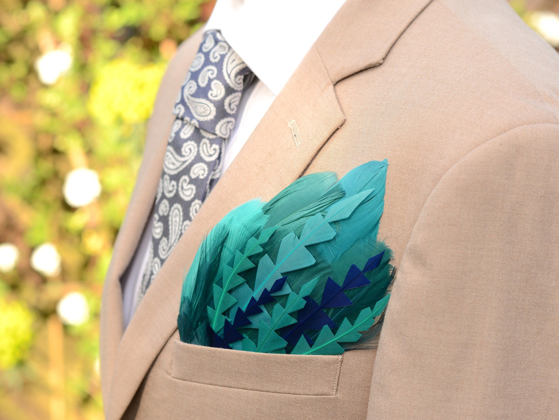 Teal Turquoise and Blue Feather Pocket Square No.241 Suit Accessory