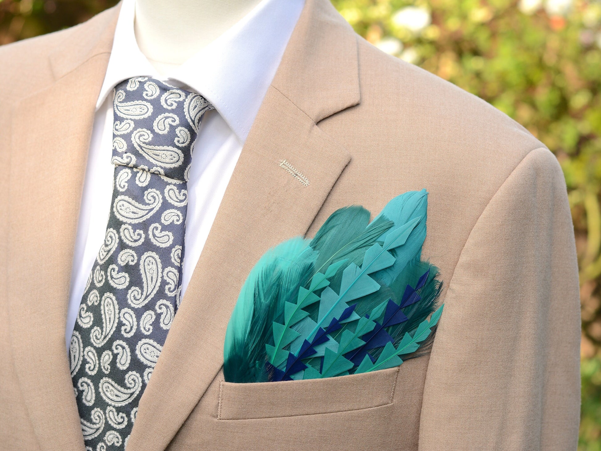 Teal Turquoise and Blue Feather Pocket Square No.241 Suit Accessory