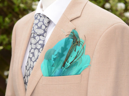 Turquoise, Teal and Green Feather Pocket Square No.213 Suit Accessory