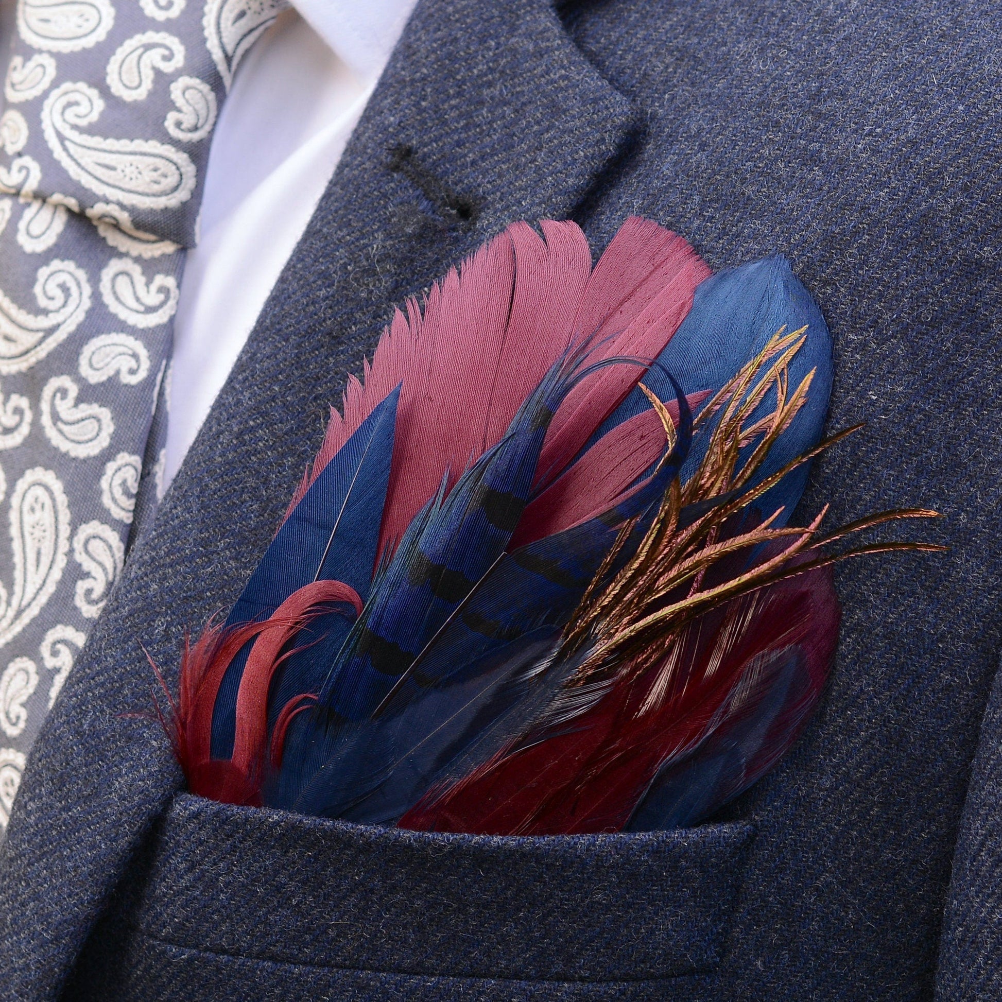 Navy Blue and Burgundy Goose and Pheasant Feather Pocket Square No.183 | Suit Accessory | Feather Neck Tie | Grooms Outfit | Groomsmen Gift