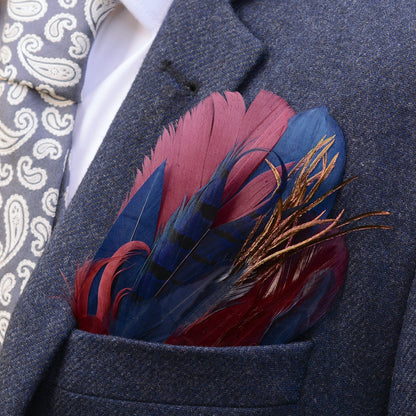 Navy Blue and Burgundy Goose and Pheasant Feather Pocket Square No.183 | Suit Accessory | Feather Neck Tie | Grooms Outfit | Groomsmen Gift