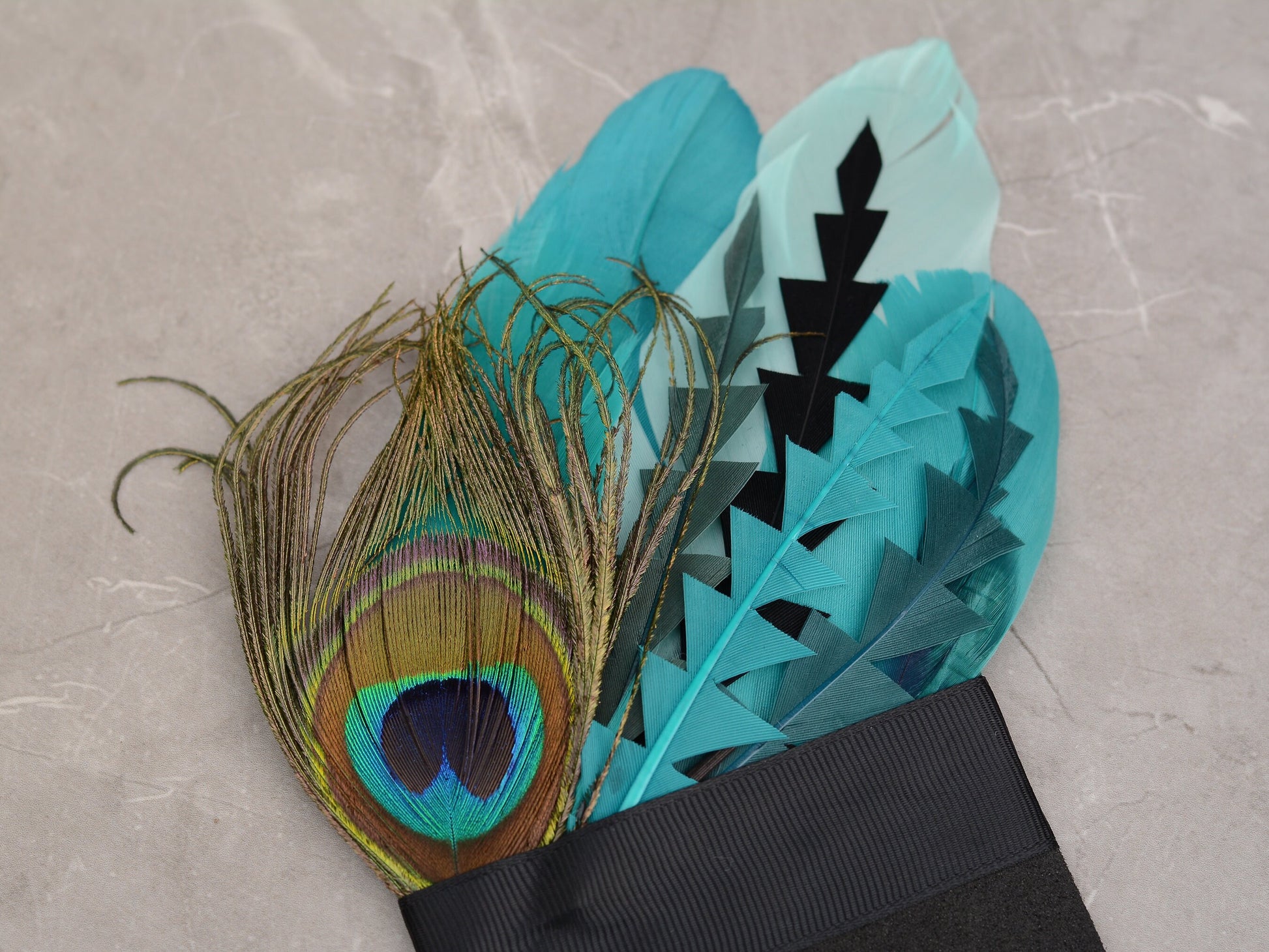 Teal, Green and Black Peacock Feather Pocket Square No.228 | Suit Accessory