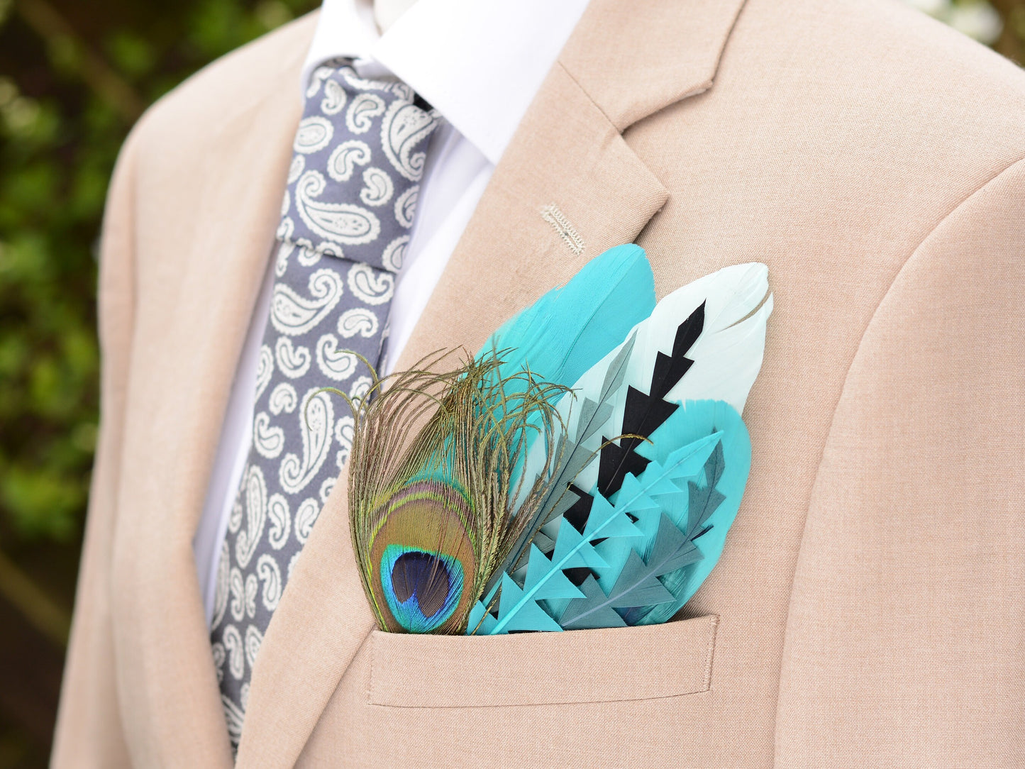 Teal, Green and Black Peacock Feather Pocket Square No.228 | Suit Accessory