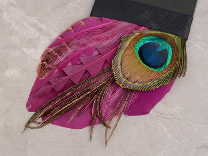 Plum Purple and Peacock Eye Feather Pocket Square No.222 Suit Accessory