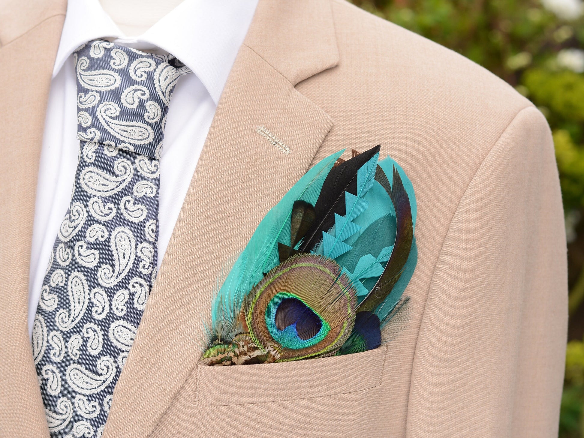 Shades of Teal and Turquoise Peacock Eye Feather Pocket Square No.236 | Suit Accessory