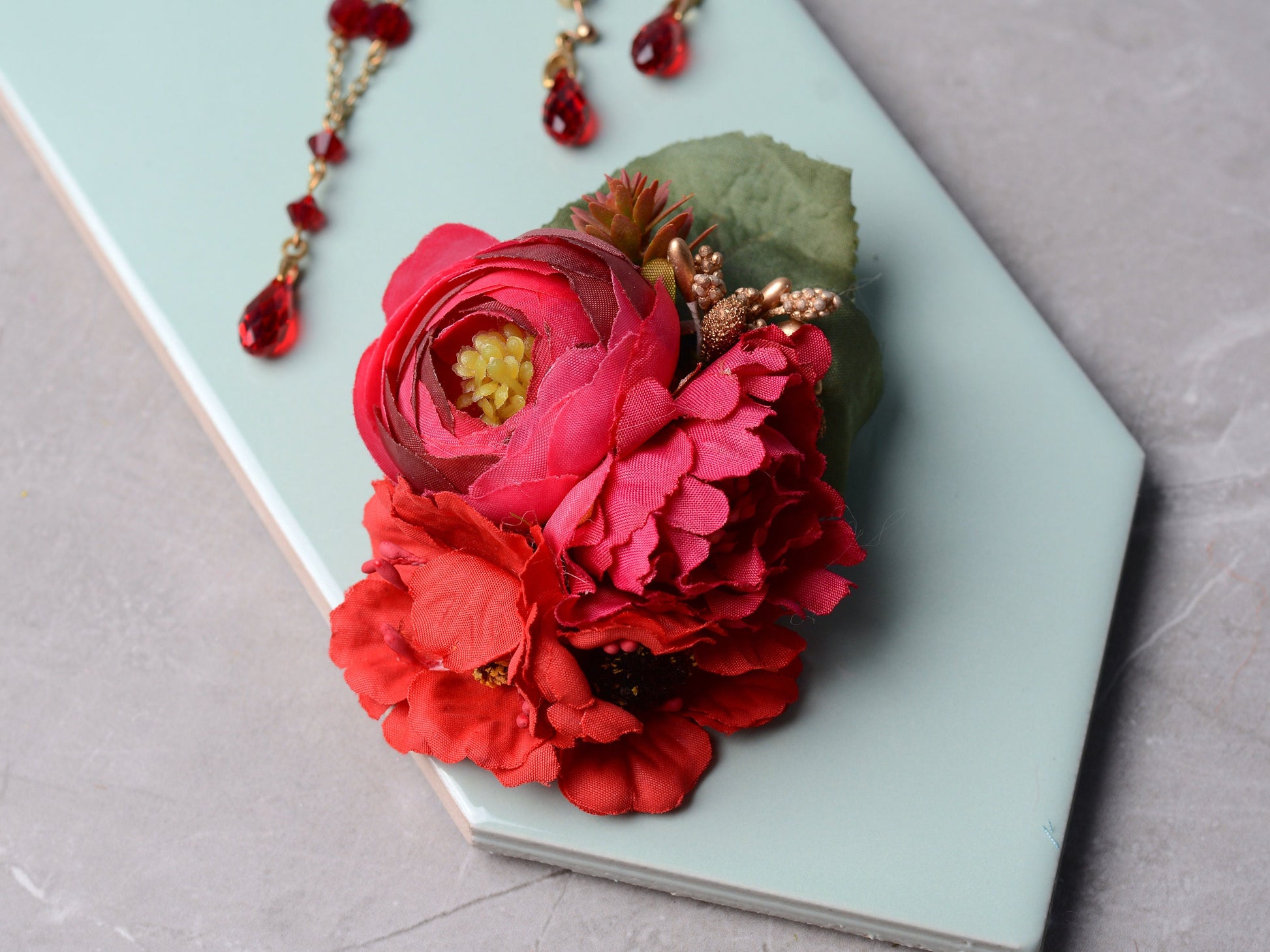 Red and Gold Ranunculus Hair Clip | Silk Flower Hair Clip | Bridal Hair Clip | Bridesmaids Hair Clip | Floral Headpiece