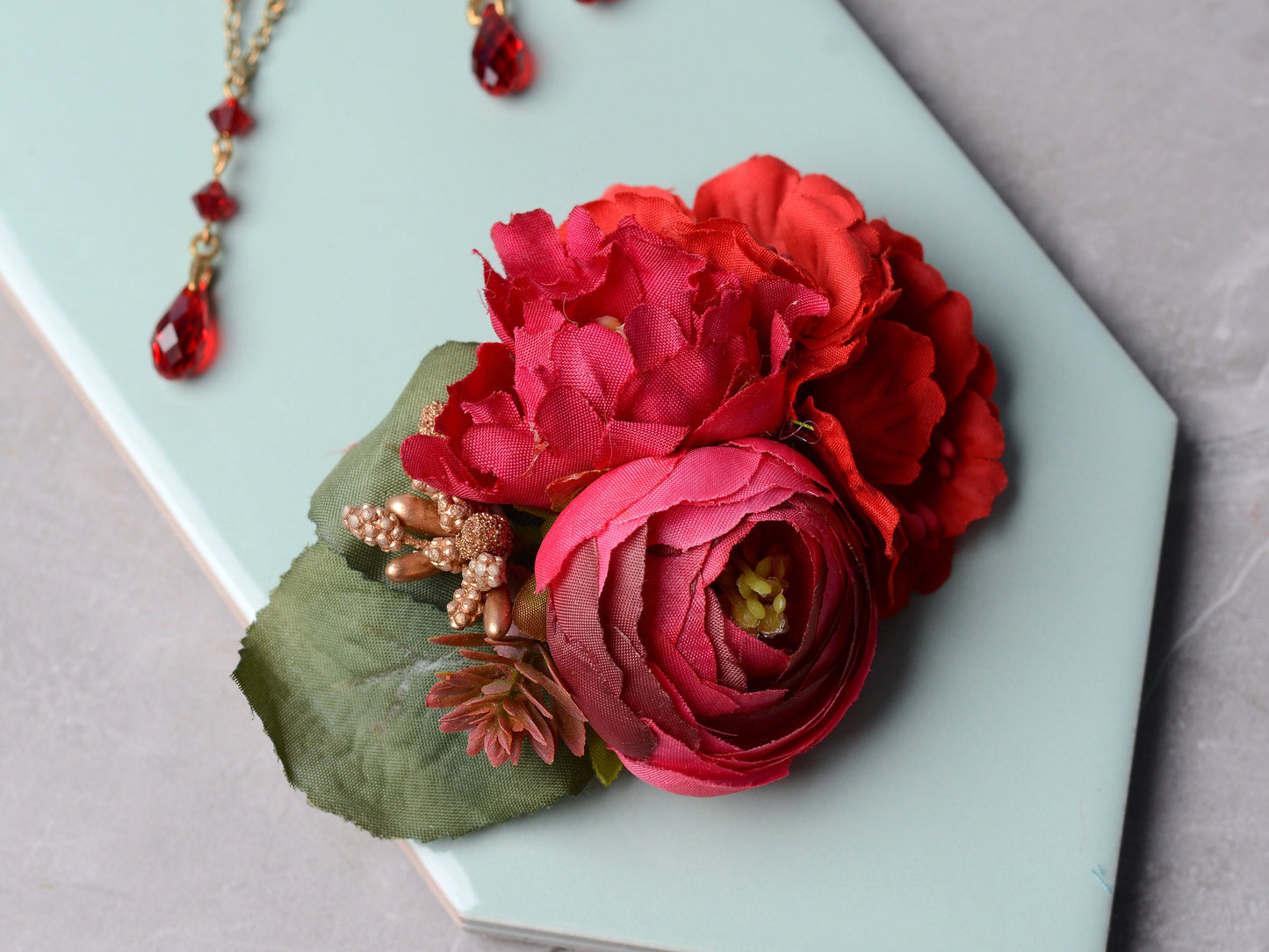 Red and Gold Ranunculus Hair Clip | Silk Flower Hair Clip | Bridal Hair Clip | Bridesmaids Hair Clip | Floral Headpiece