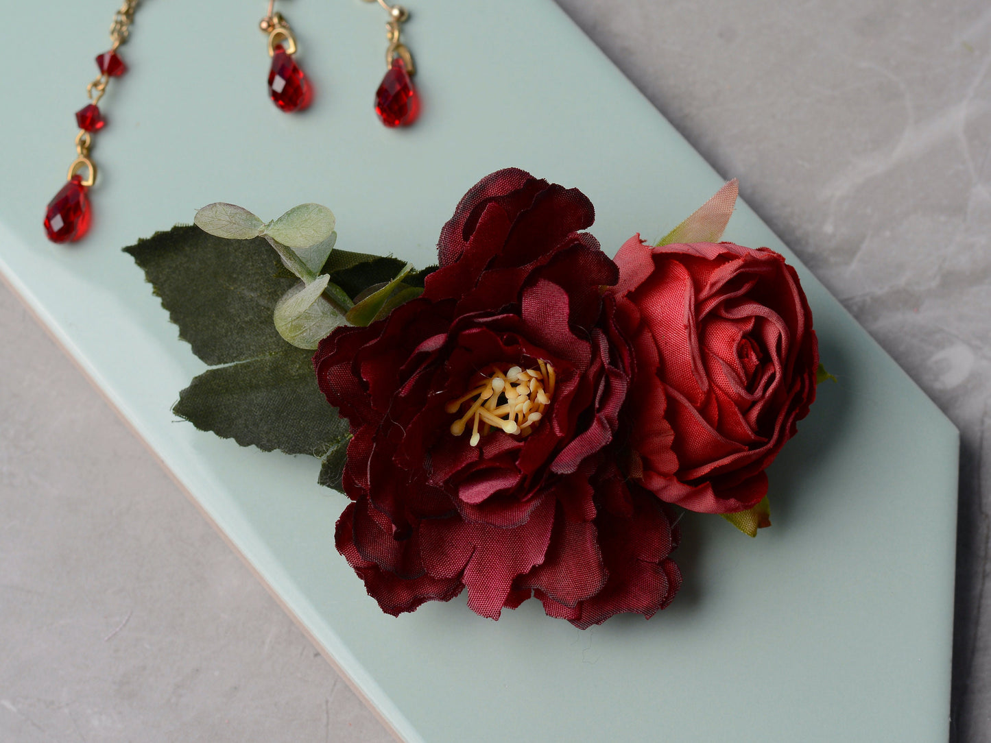 Crimson Red Peony and Rose Flower Hair Clip | Bridal Hair Clip