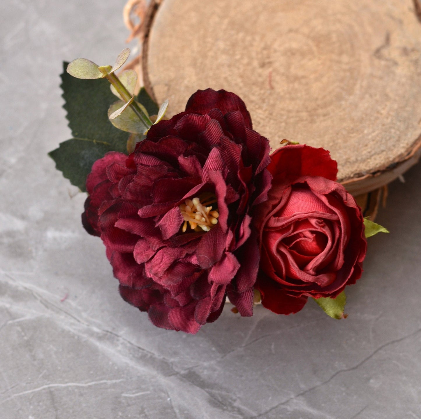 Crimson Red Peony and Rose Flower Hair Clip | Bridal Hair Clip