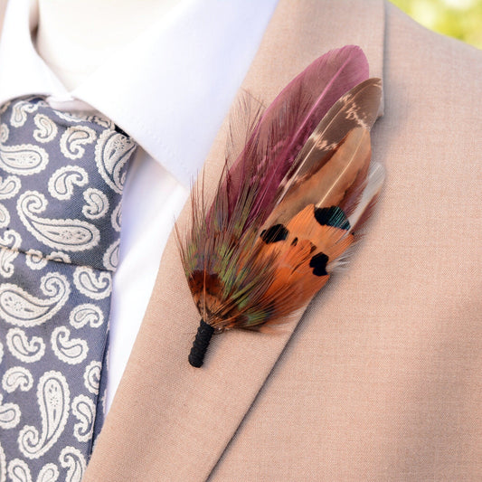 Plum Purple and Copper Pheasant Feather Pin / Hat Pin | Pheasant Feather Boutonniere | Feather Brooch