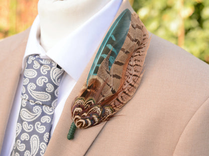 Pheasant Feather Hat Pin in Green and Browns No.300 | Unique Pheasant Feather Boutonniere | Feather Brooch
