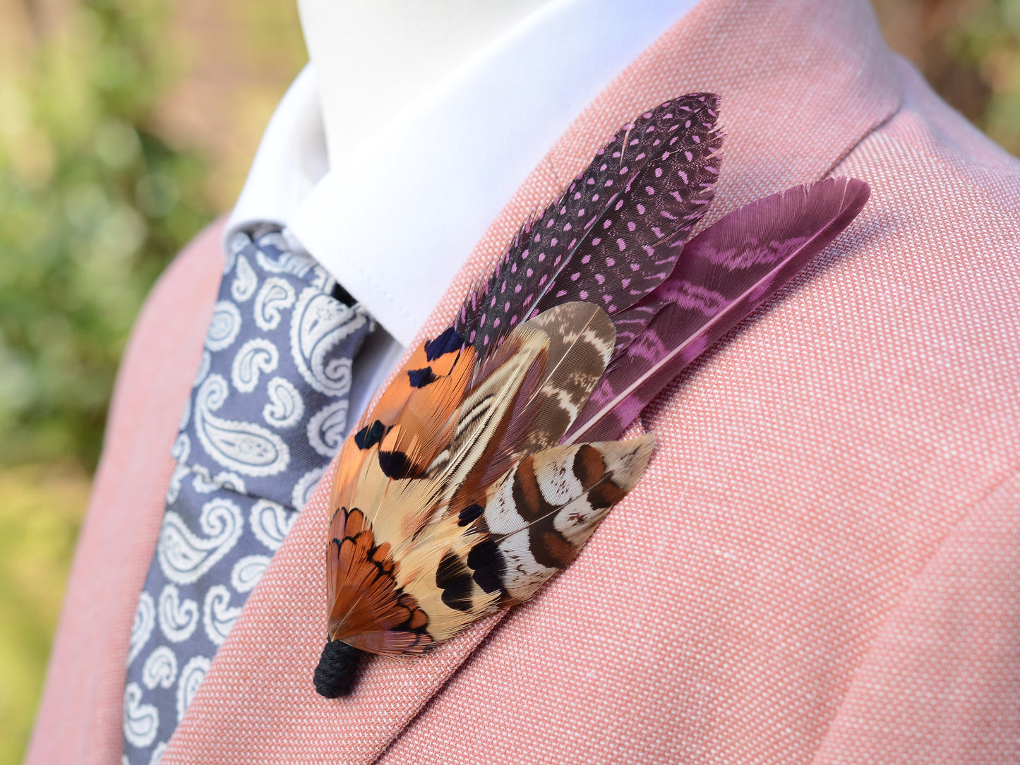 Plum Purple and Copper Pheasant Feather Lapel Pin No.291 | Unique Pheasant Feather Boutonniere