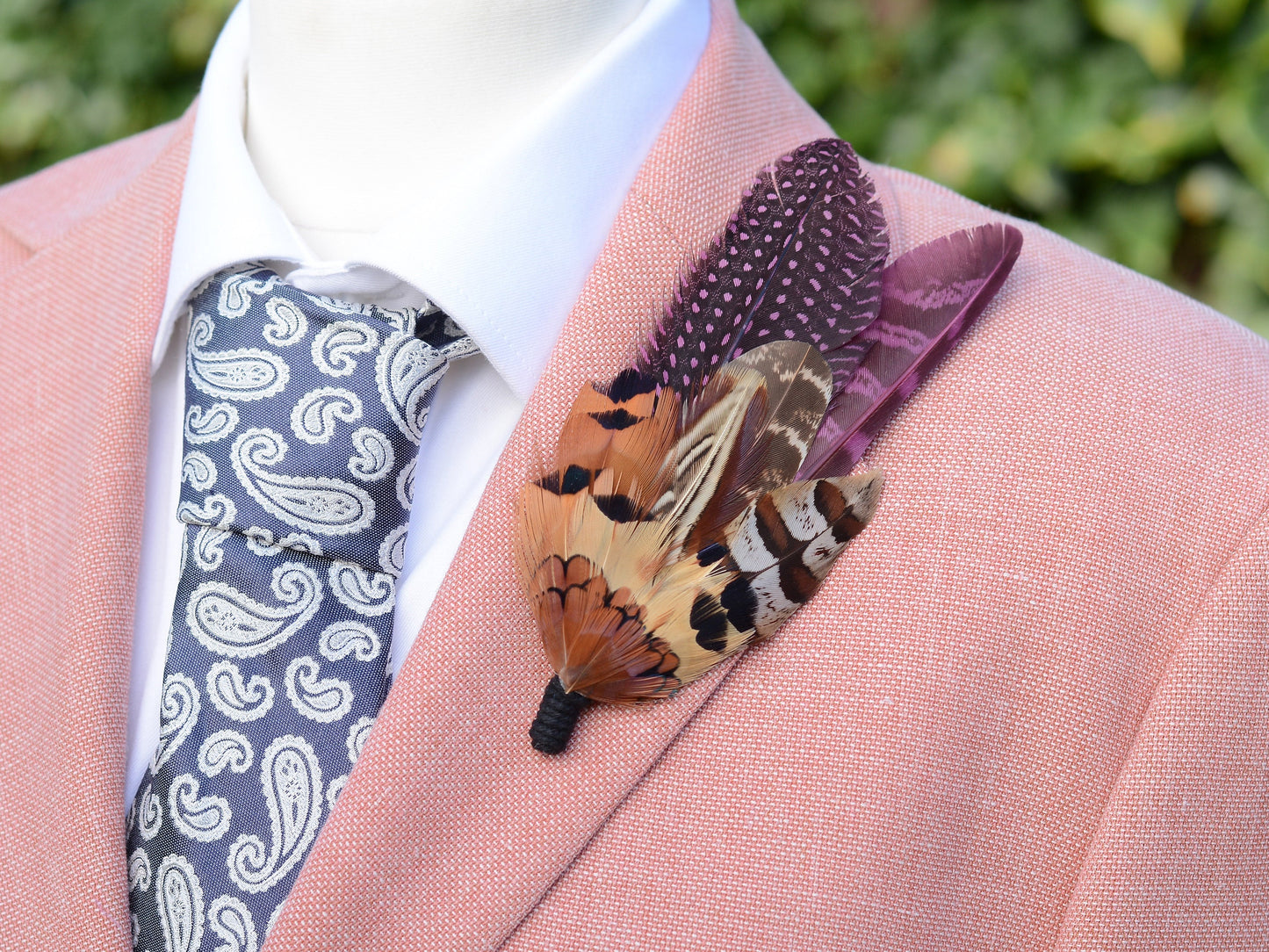 Plum Purple and Copper Pheasant Feather Lapel Pin No.291 | Unique Pheasant Feather Boutonniere