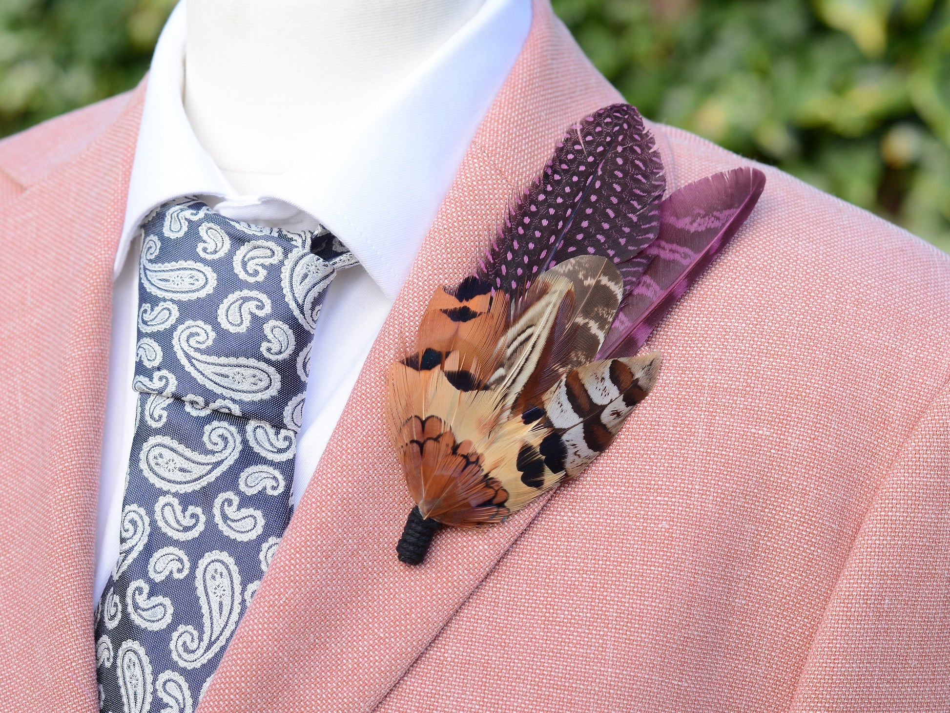 Plum Purple and Copper Pheasant Feather Lapel Pin No.291 | Unique Pheasant Feather Boutonniere