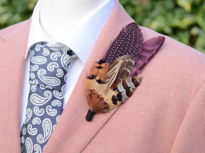 Plum Purple and Copper Pheasant Feather Lapel Pin No.291 | Unique Pheasant Feather Boutonniere
