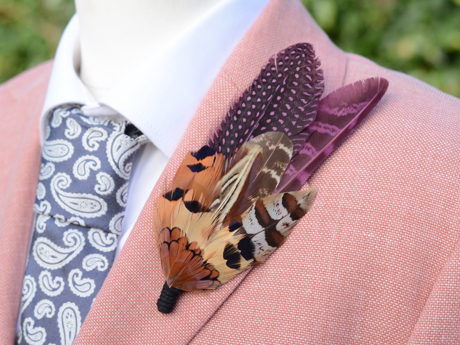 Plum Purple and Copper Pheasant Feather Lapel Pin No.291 | Unique Pheasant Feather Boutonniere