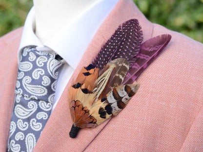 Plum Purple and Copper Pheasant Feather Lapel Pin No.291 | Unique Pheasant Feather Boutonniere