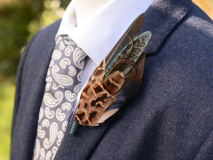 Teal Pheasant and Duck Feather Lapel Pin No.293 | Unique Duck Feather Boutonniere