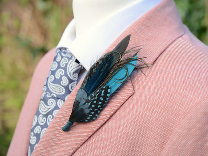 Green, Teal and Turquoise Feather Pin No.299 | Unique Duck Feather Boutonniere / Hat Pin