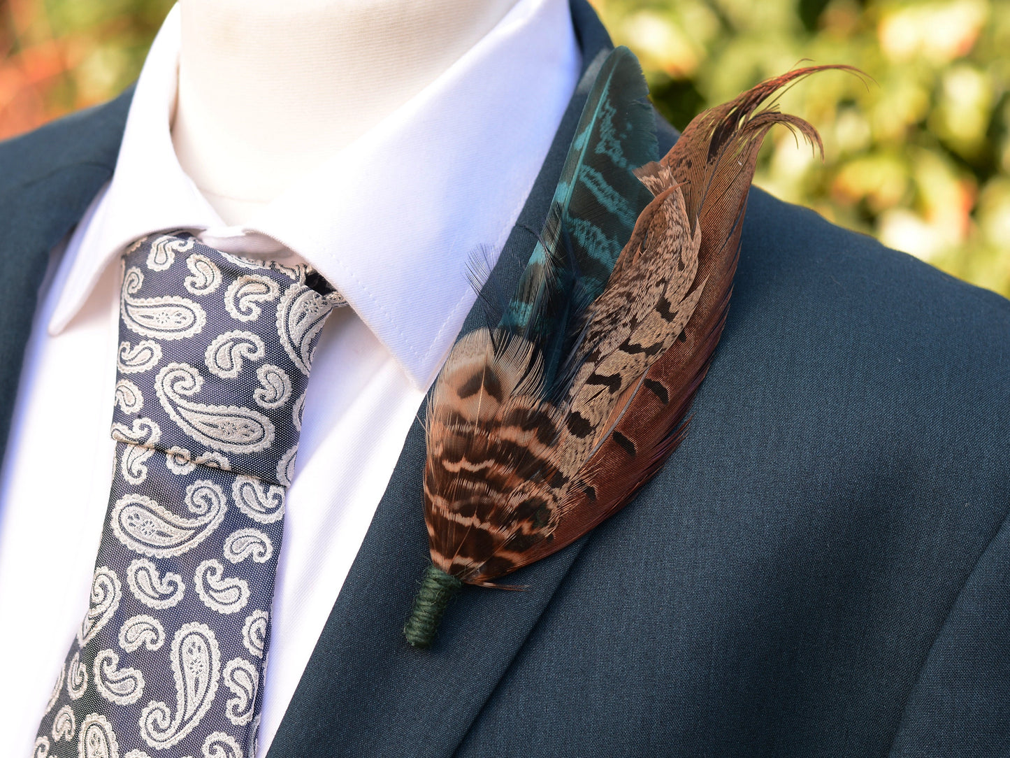 Feather Brooch Hat Pin in Natural Pheasant and Green No.302 | Unique Pheasant Feather Boutonniere