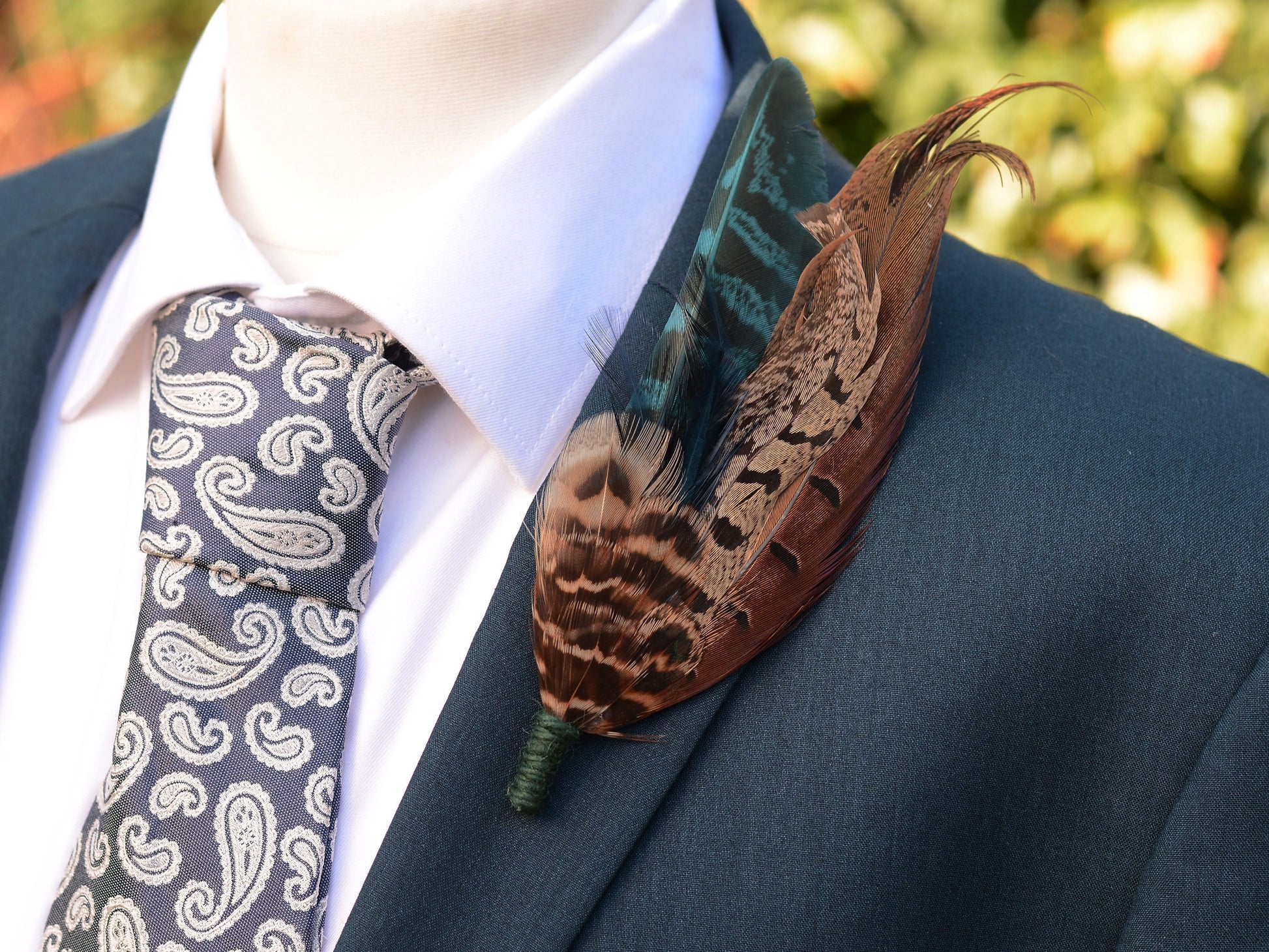 Feather Brooch Hat Pin in Natural Pheasant and Green No.302 | Unique Pheasant Feather Boutonniere