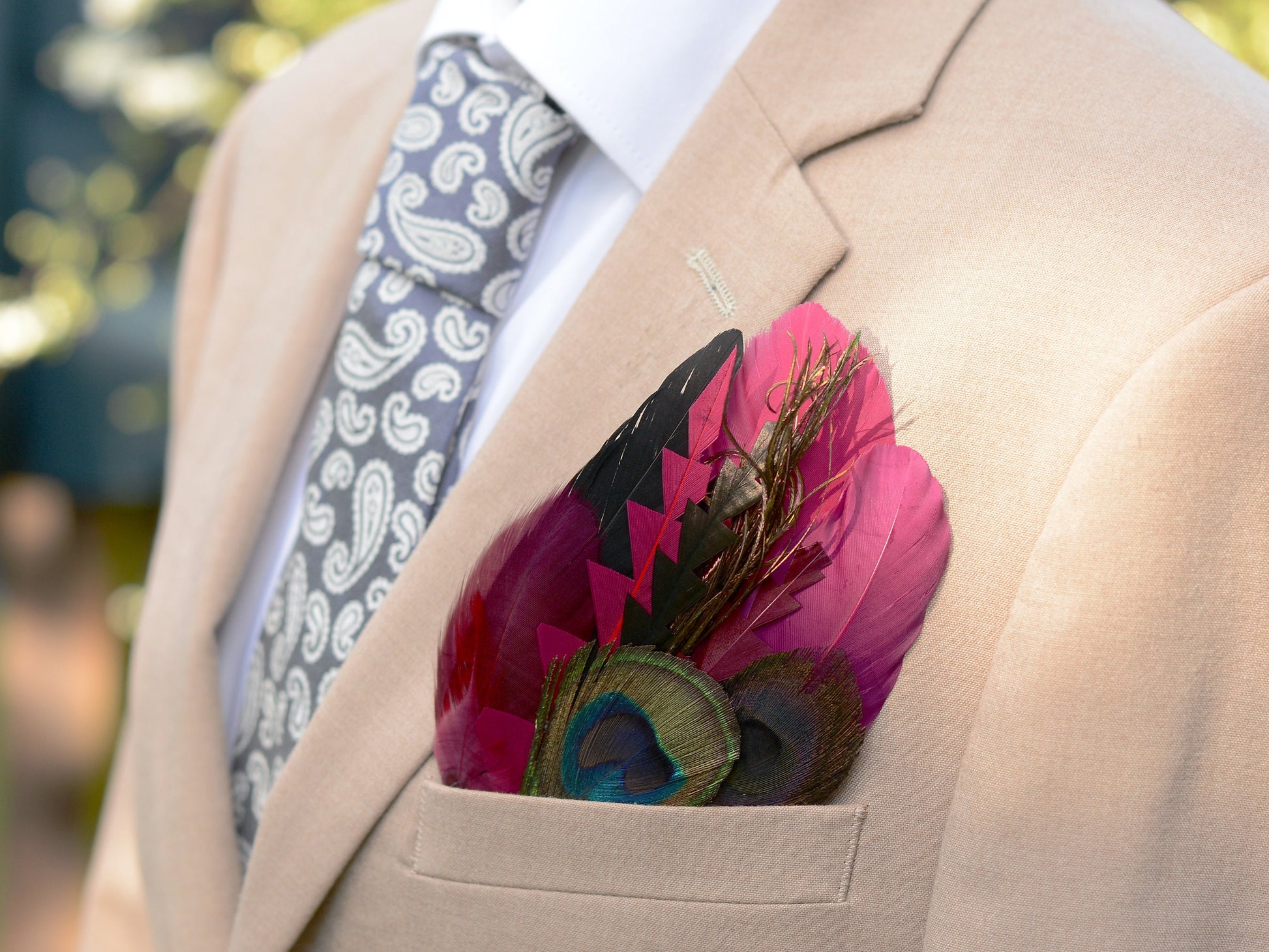 Burgundy, Black and Peacock Feather Pocket Square No.245 Suit Accessory
