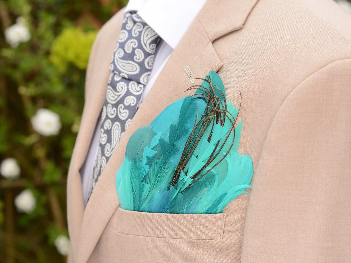 Turquoise, Teal and Green Feather Pocket Square No.213 Suit Accessory