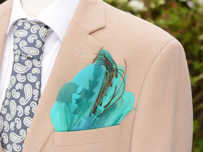 Turquoise, Teal and Green Feather Pocket Square No.213 Suit Accessory