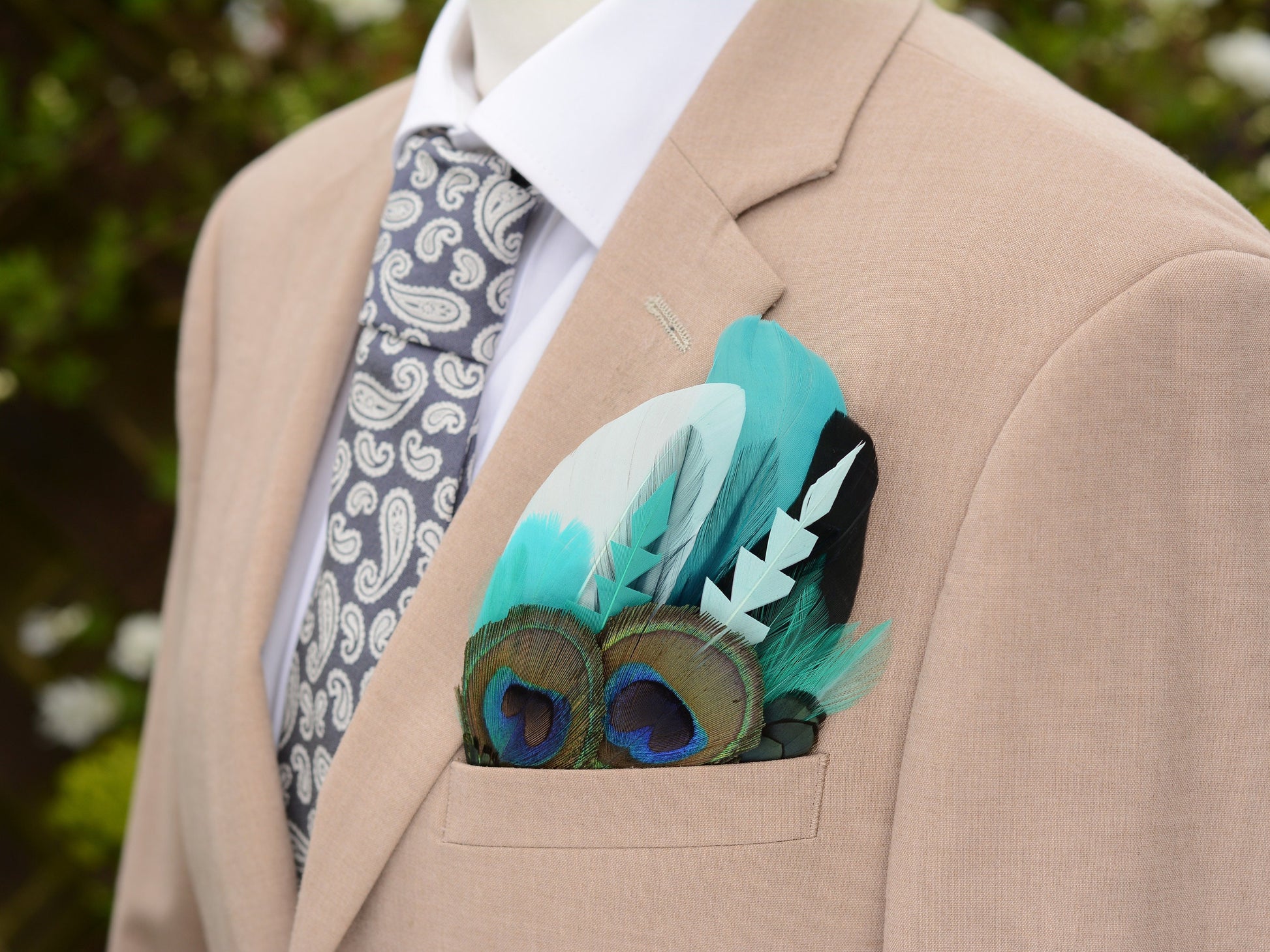 Shades of Teal and Green Peacock Eye Feather Pocket Square No.204 | Suit Accessory
