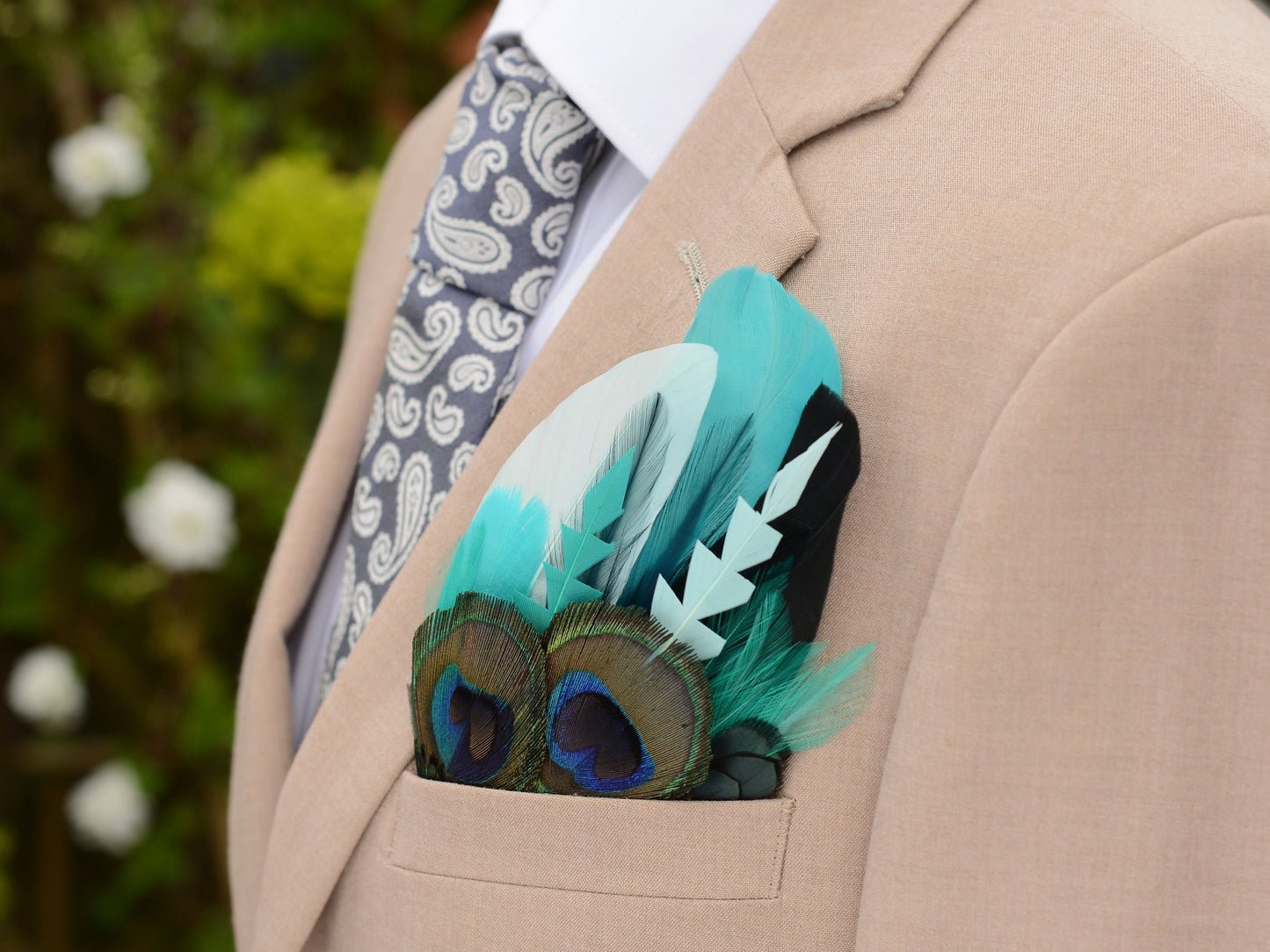 Shades of Teal and Green Peacock Eye Feather Pocket Square No.204 | Suit Accessory