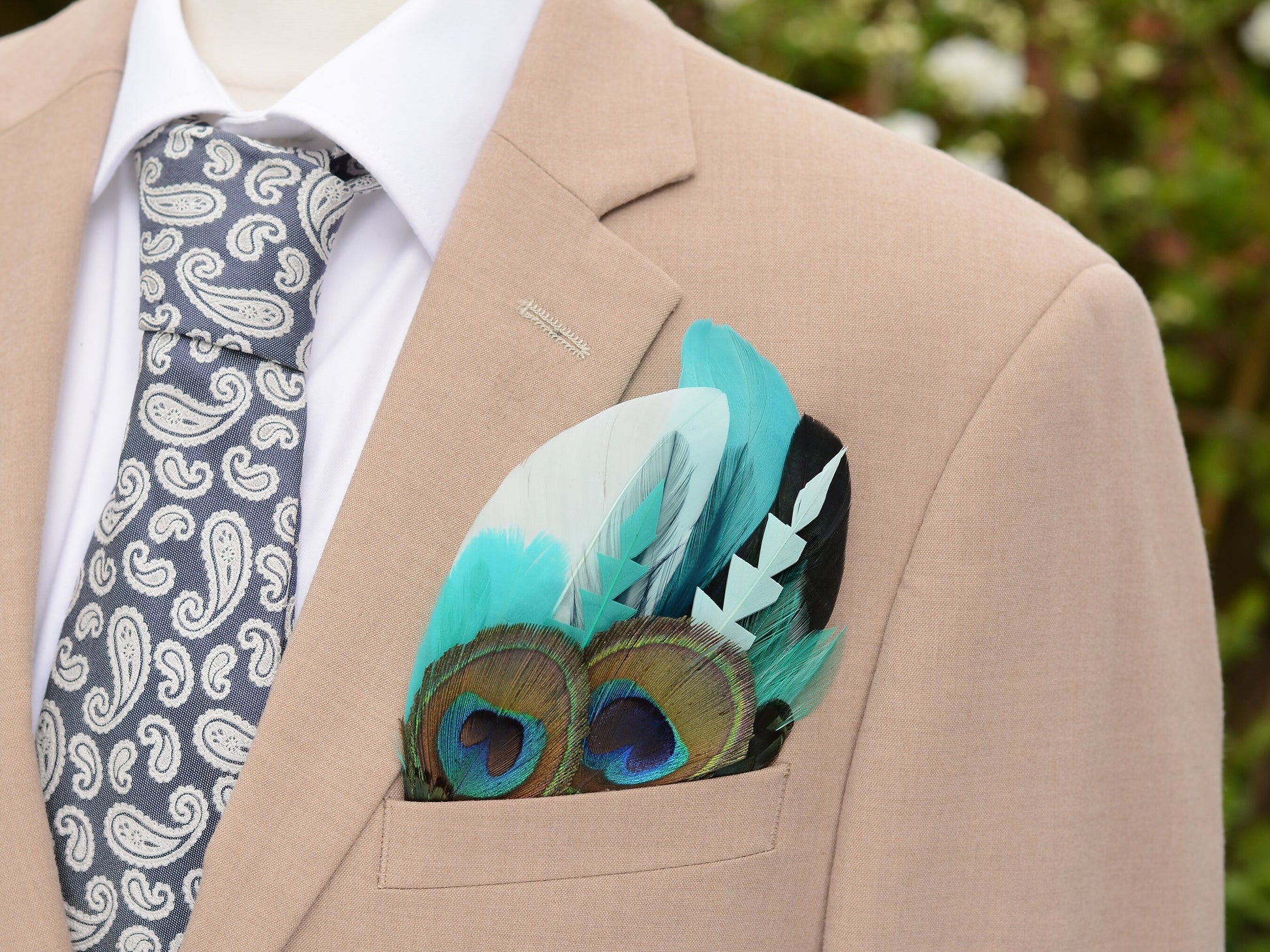 Shades of Teal and Green Peacock Eye Feather Pocket Square No.204 | Suit Accessory