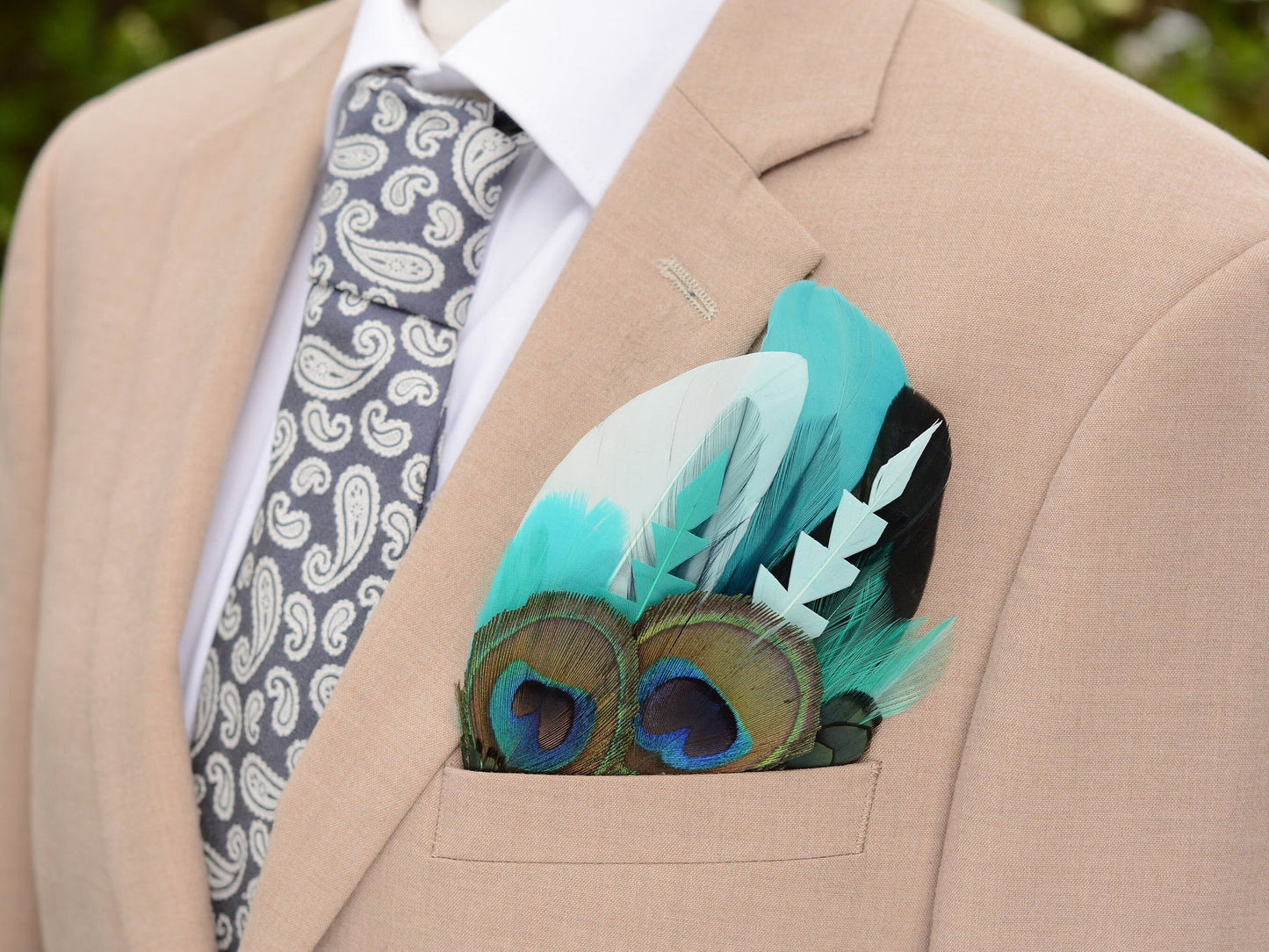 Shades of Teal and Green Peacock Eye Feather Pocket Square No.204 | Suit Accessory