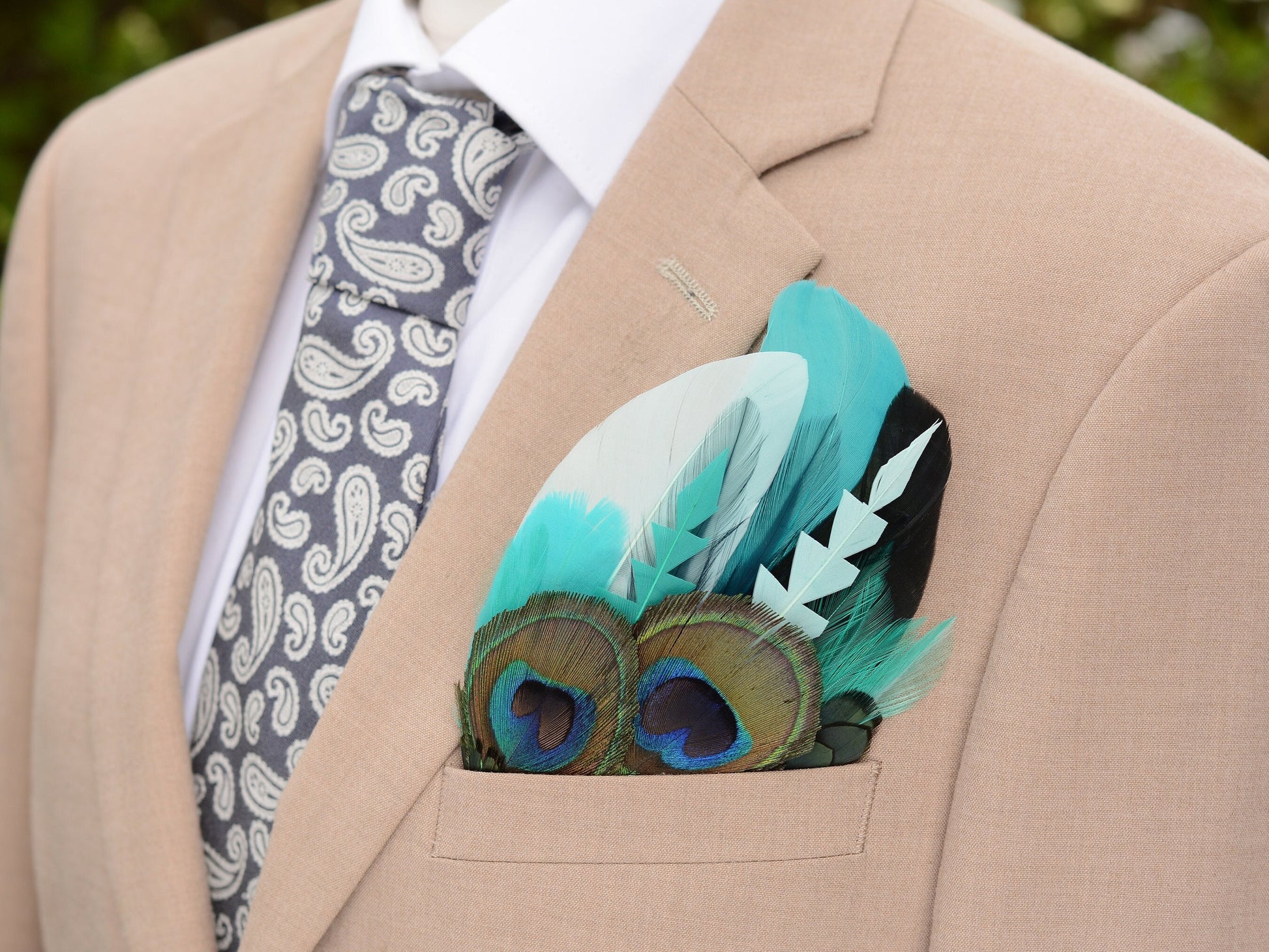 Shades of Teal and Green Peacock Eye Feather Pocket Square No.204 | Suit Accessory