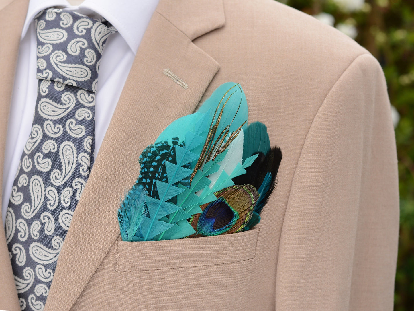 Shades of Teal and Turquoise Peacock Eye Feather Pocket Square No.223 | Suit Accessory