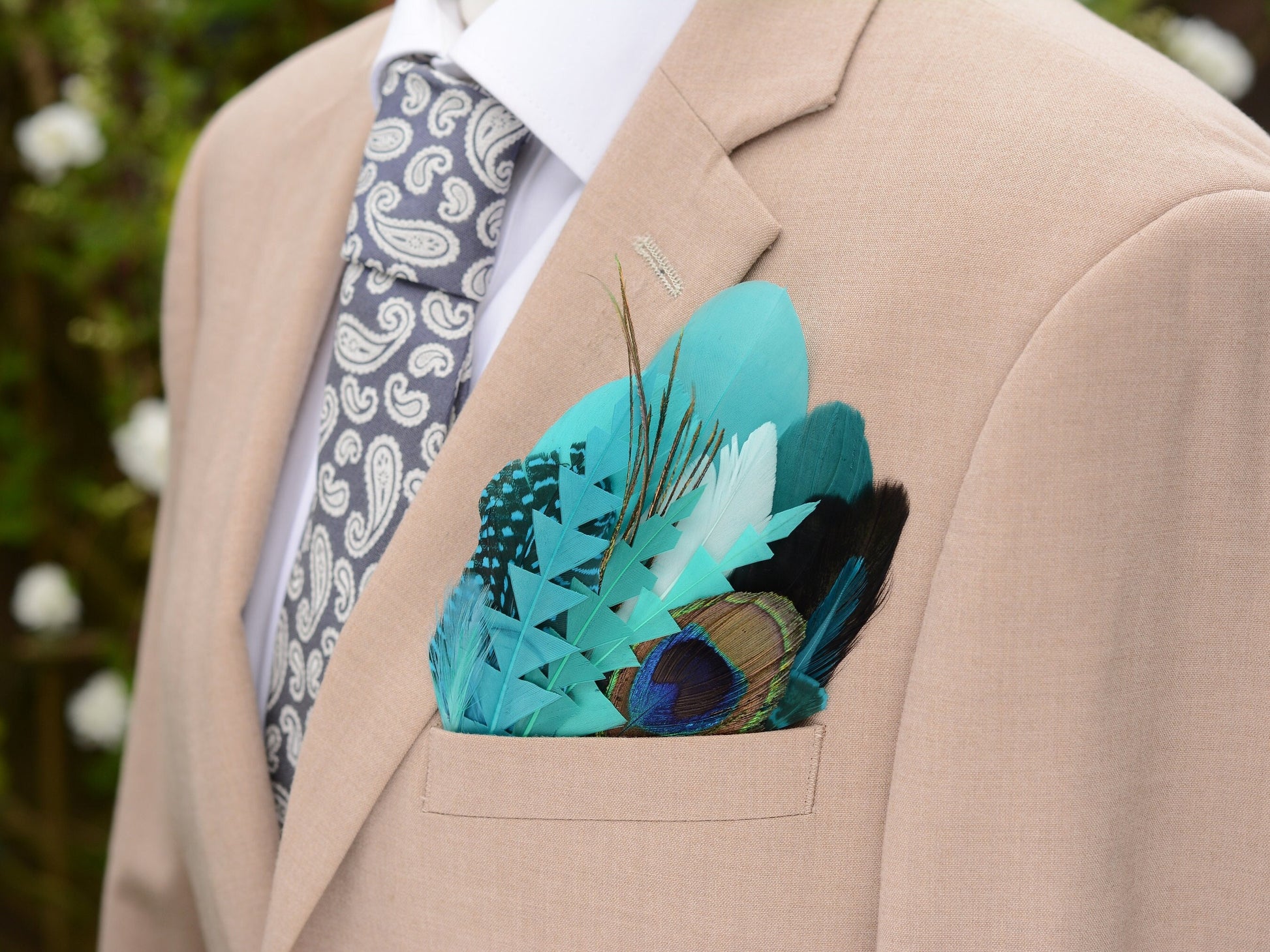 Shades of Teal and Turquoise Peacock Eye Feather Pocket Square No.223 | Suit Accessory
