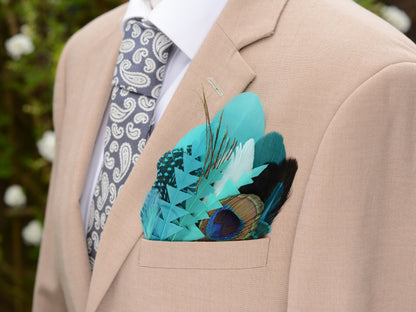 Shades of Teal and Turquoise Peacock Eye Feather Pocket Square No.223 | Suit Accessory