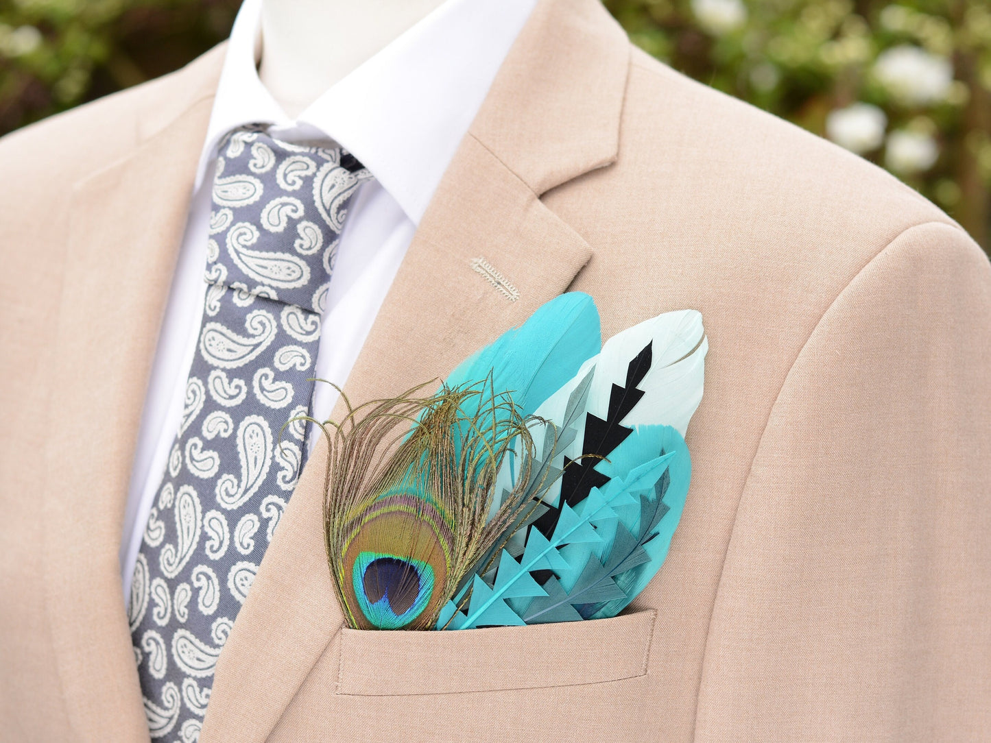 Teal, Green and Black Peacock Feather Pocket Square No.228 | Suit Accessory