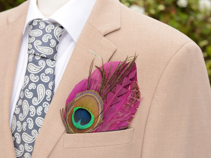 Plum Purple and Peacock Eye Feather Pocket Square No.222 Suit Accessory