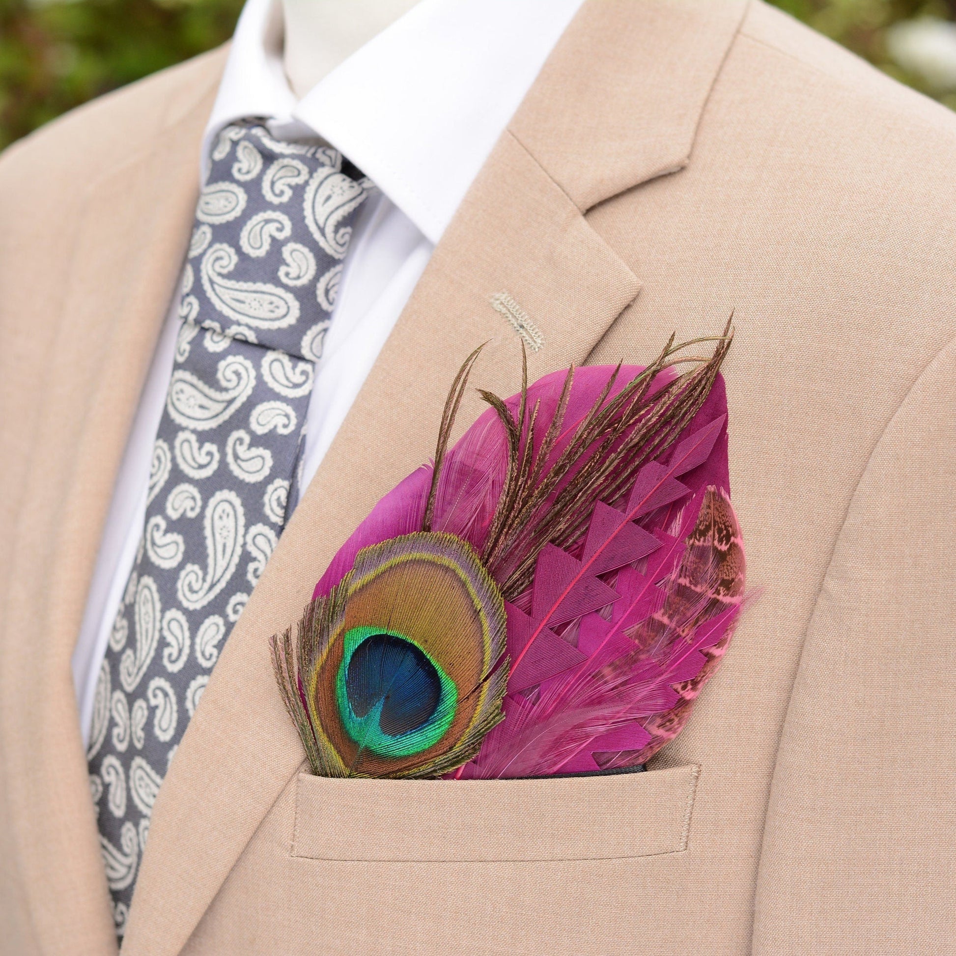 Plum Purple and Peacock Eye Feather Pocket Square No.222 Suit Accessory